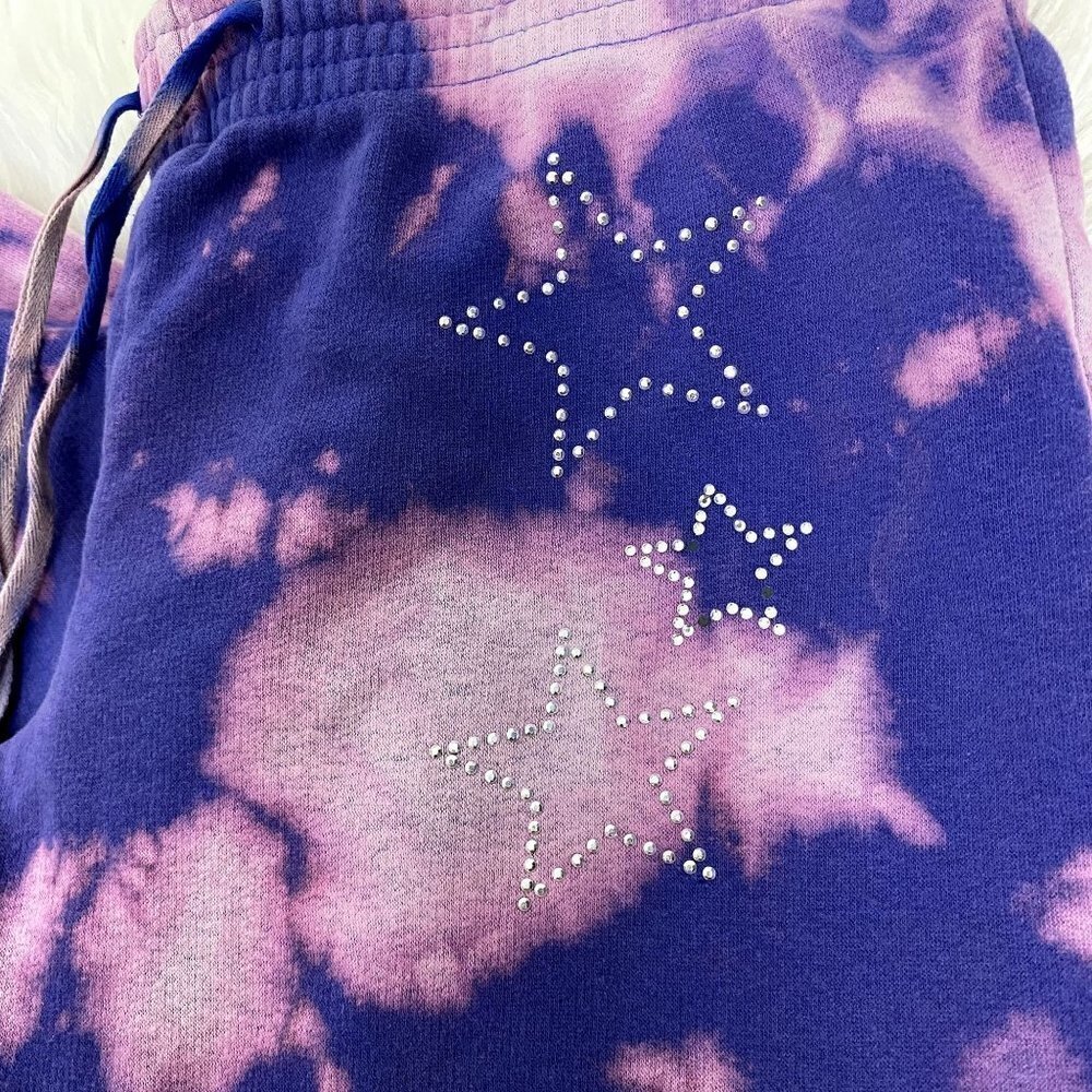 Upcycled Custom Bleach Tie Dye Jenni Star Rhinestone Cropped Jogger Sweatpants - Picture 2 of 8